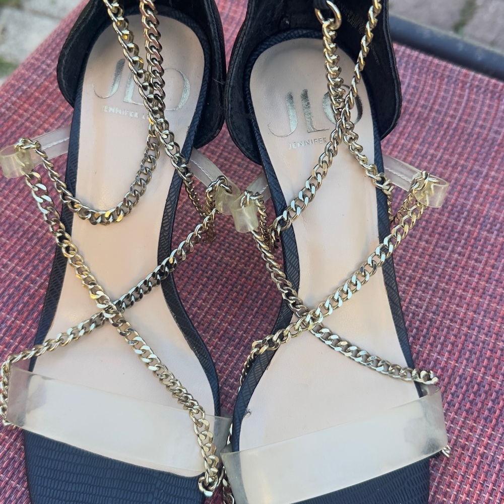 J Lo Black and Gold Chain Strap Women's Sandals 6.5 M